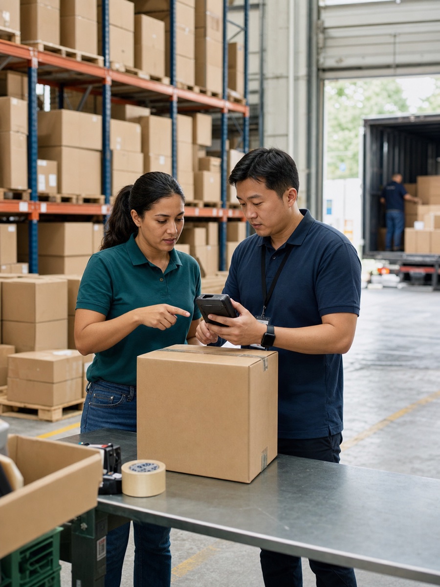 Cross-border e-commerce team checking orders in a Latin American warehouse