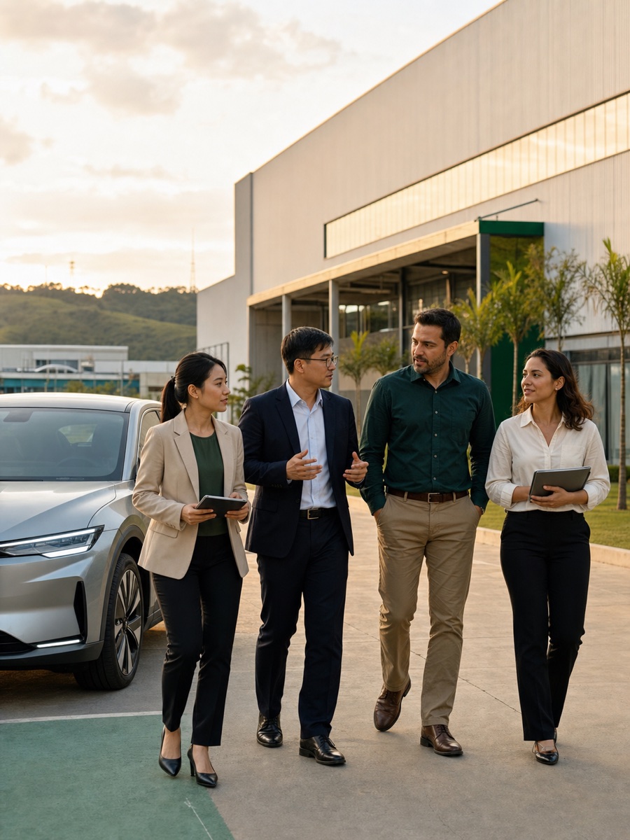 Chinese and Brazilian teams visiting an electric vehicle facility