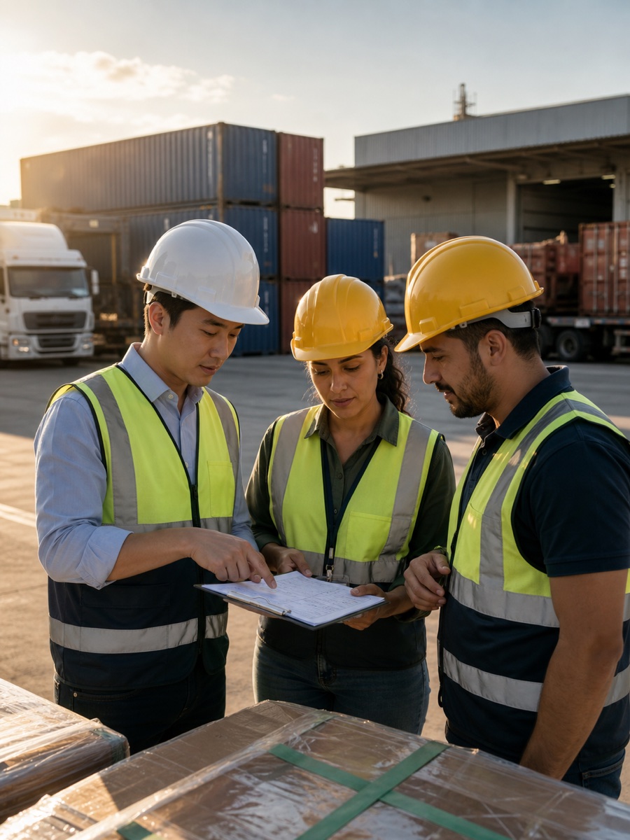 International supply-chain team coordinating freight at a logistics yard